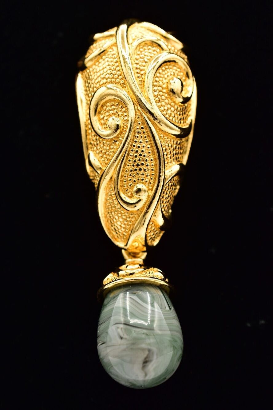 Barrera for Avon Vintage Cabochon Pin Brooch Dangle Marbled Gold Chunky BinAH